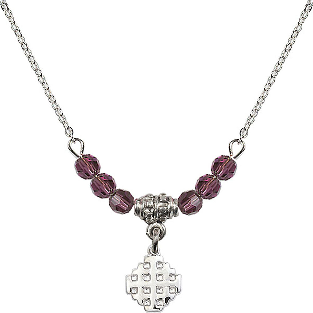 Sterling Silver Jerusalem Cross Birthstone Necklace with Amethyst Beads - 4118