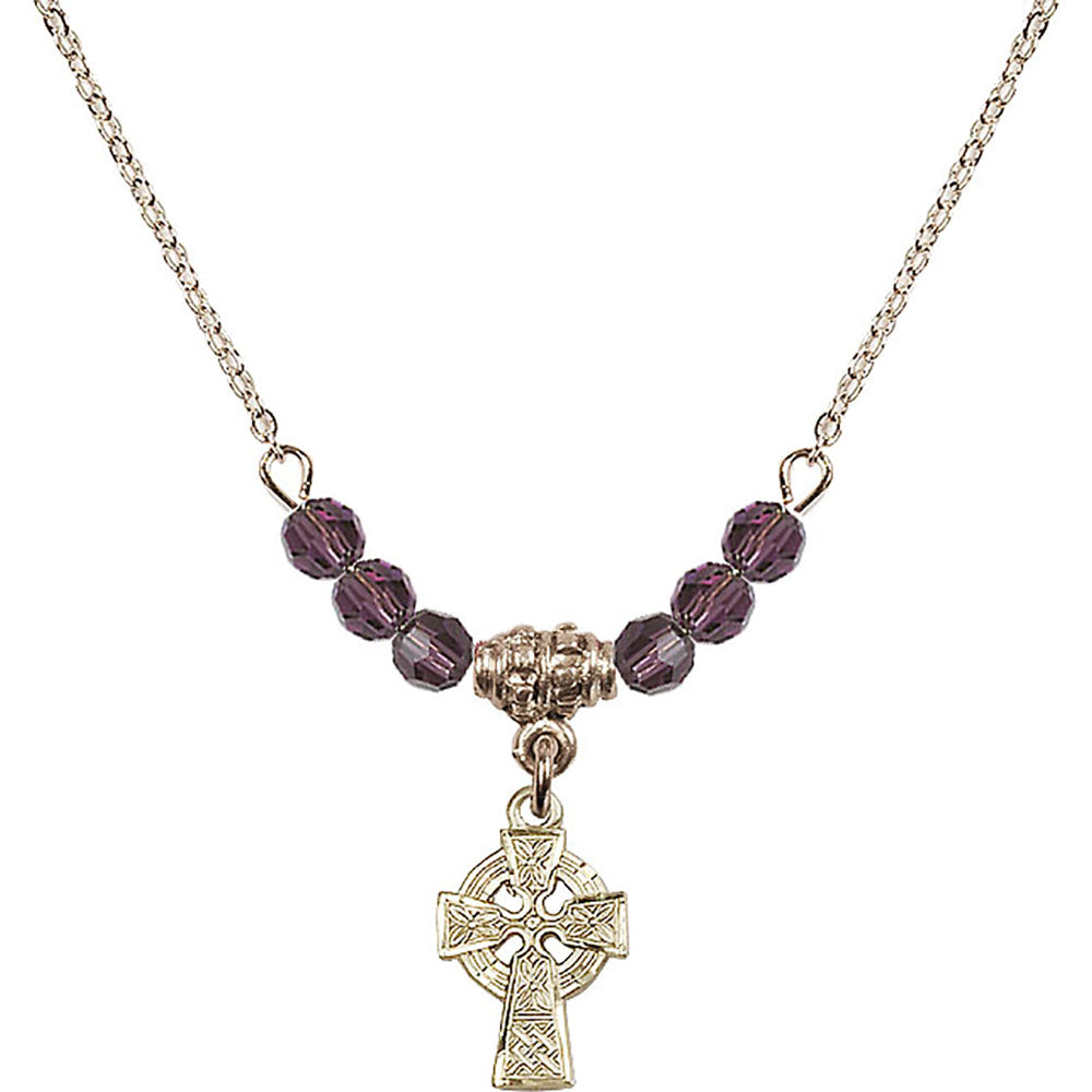 14kt Gold Filled Celtic Cross Birthstone Necklace with Amethyst Beads - 4133