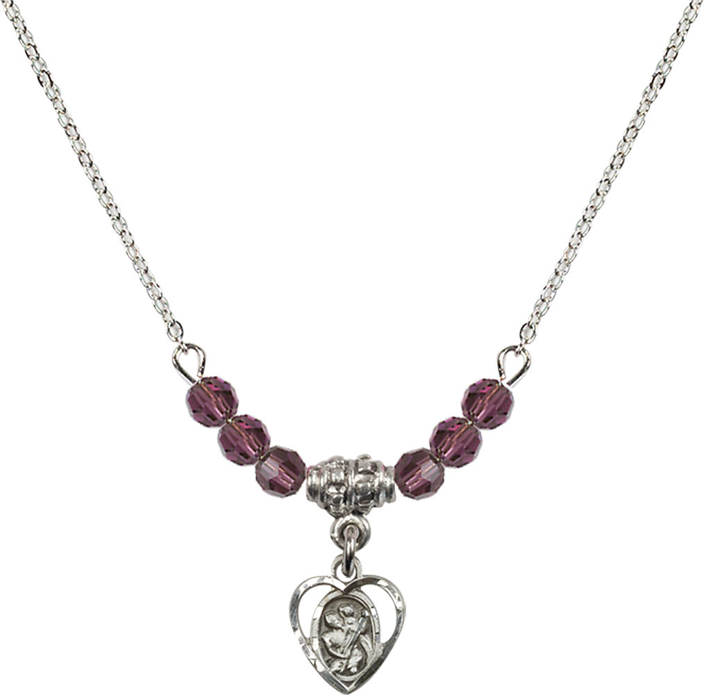 Sterling Silver Saint Christopher Birthstone Necklace with Amethyst Beads - 5403