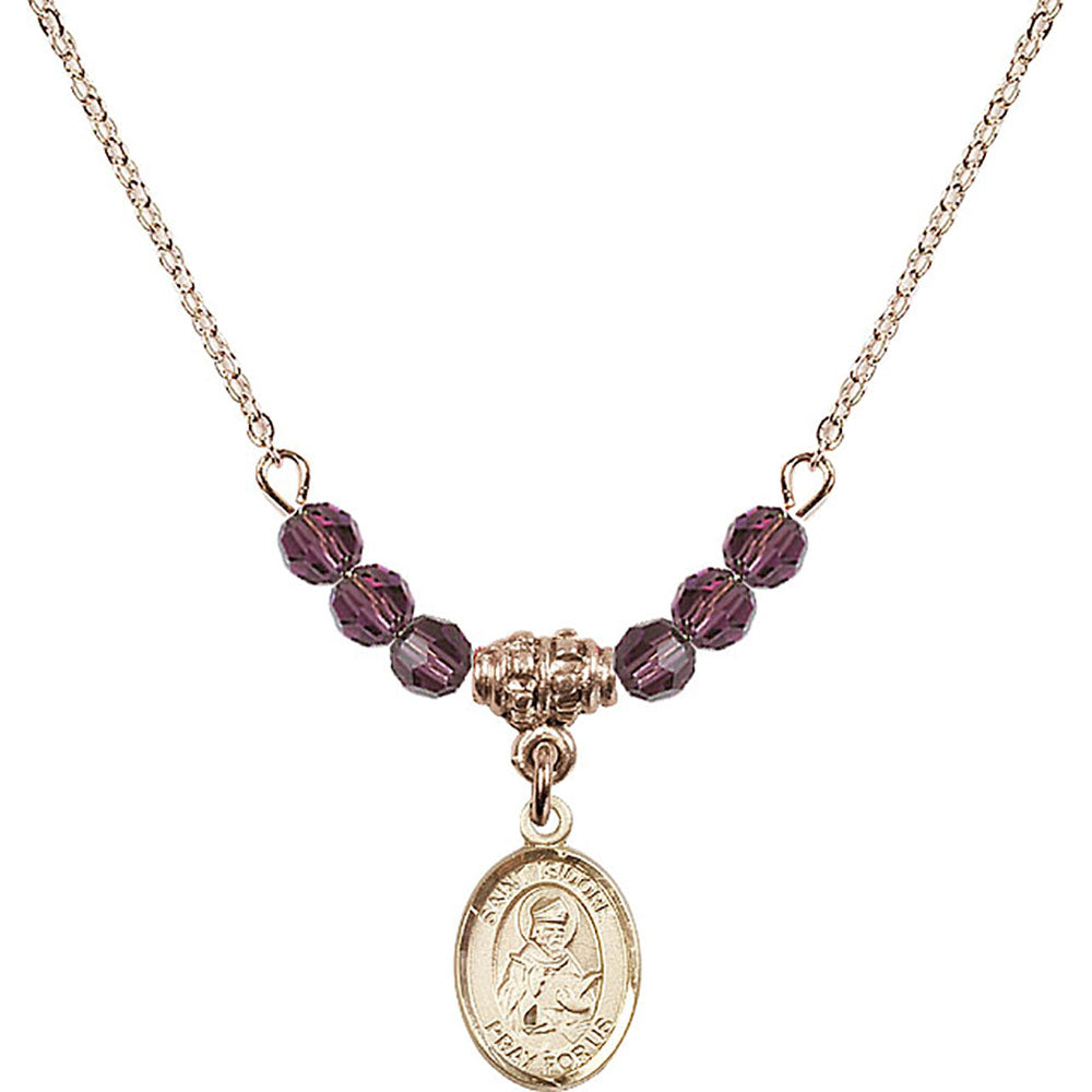 14kt Gold Filled Saint Isidore of Seville Birthstone Necklace with Amethyst Beads - 9049
