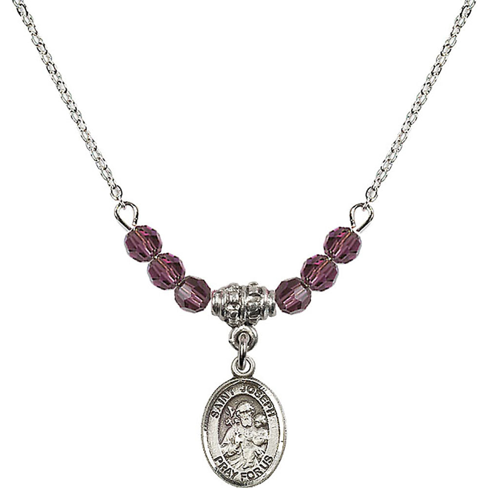 Sterling Silver Saint Joseph Birthstone Necklace with Amethyst Beads - 9058