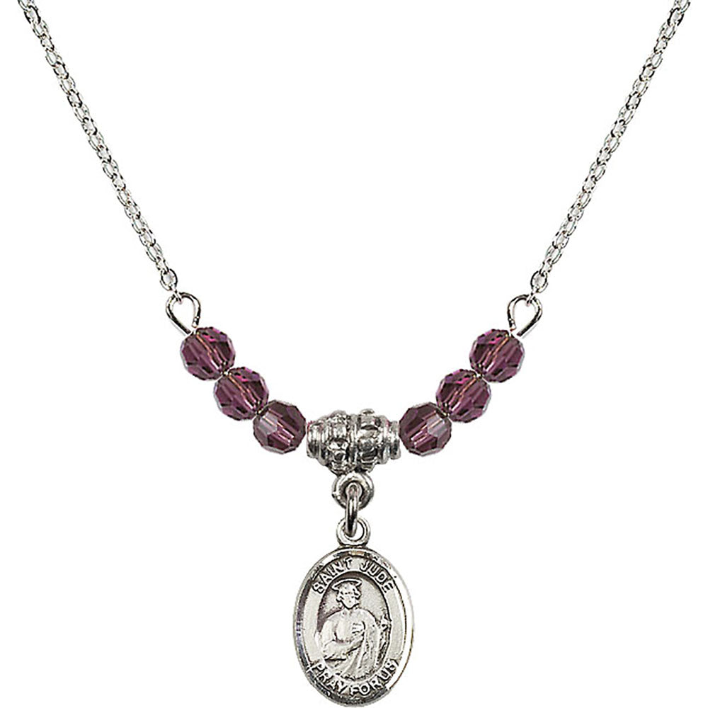 Sterling Silver Saint Jude Thaddeus Birthstone Necklace with Amethyst Beads - 9060