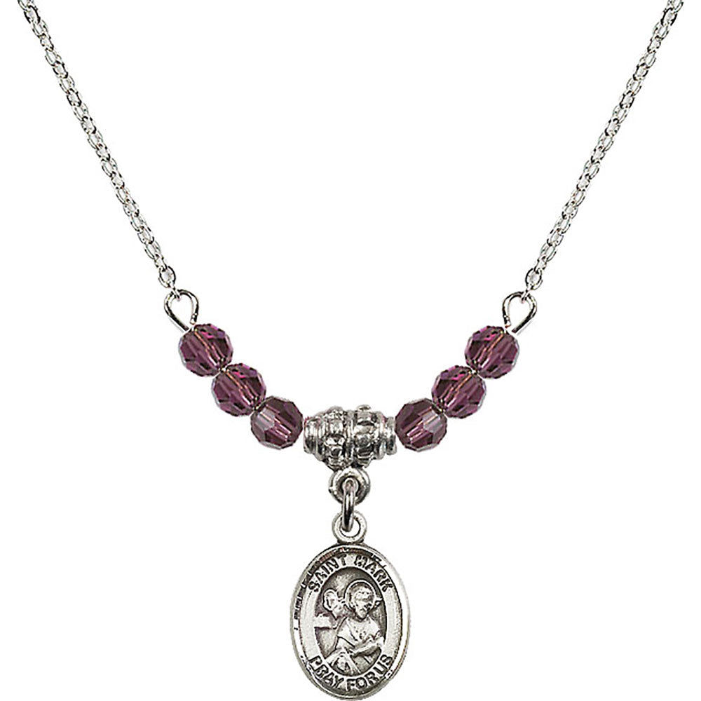 Sterling Silver Saint Mark the Evangelist Birthstone Necklace with Amethyst Beads - 9070