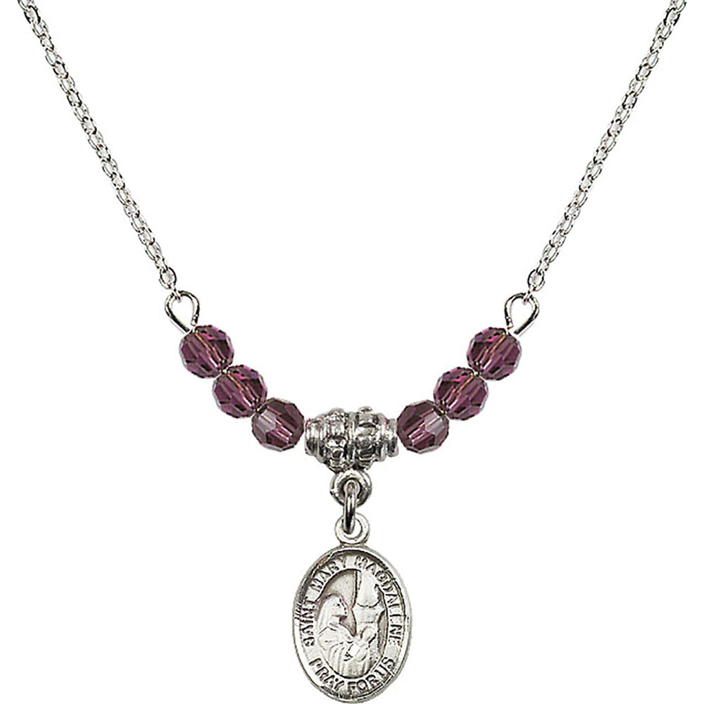 Sterling Silver Saint Mary Magdalene Birthstone Necklace with Amethyst Beads - 9071