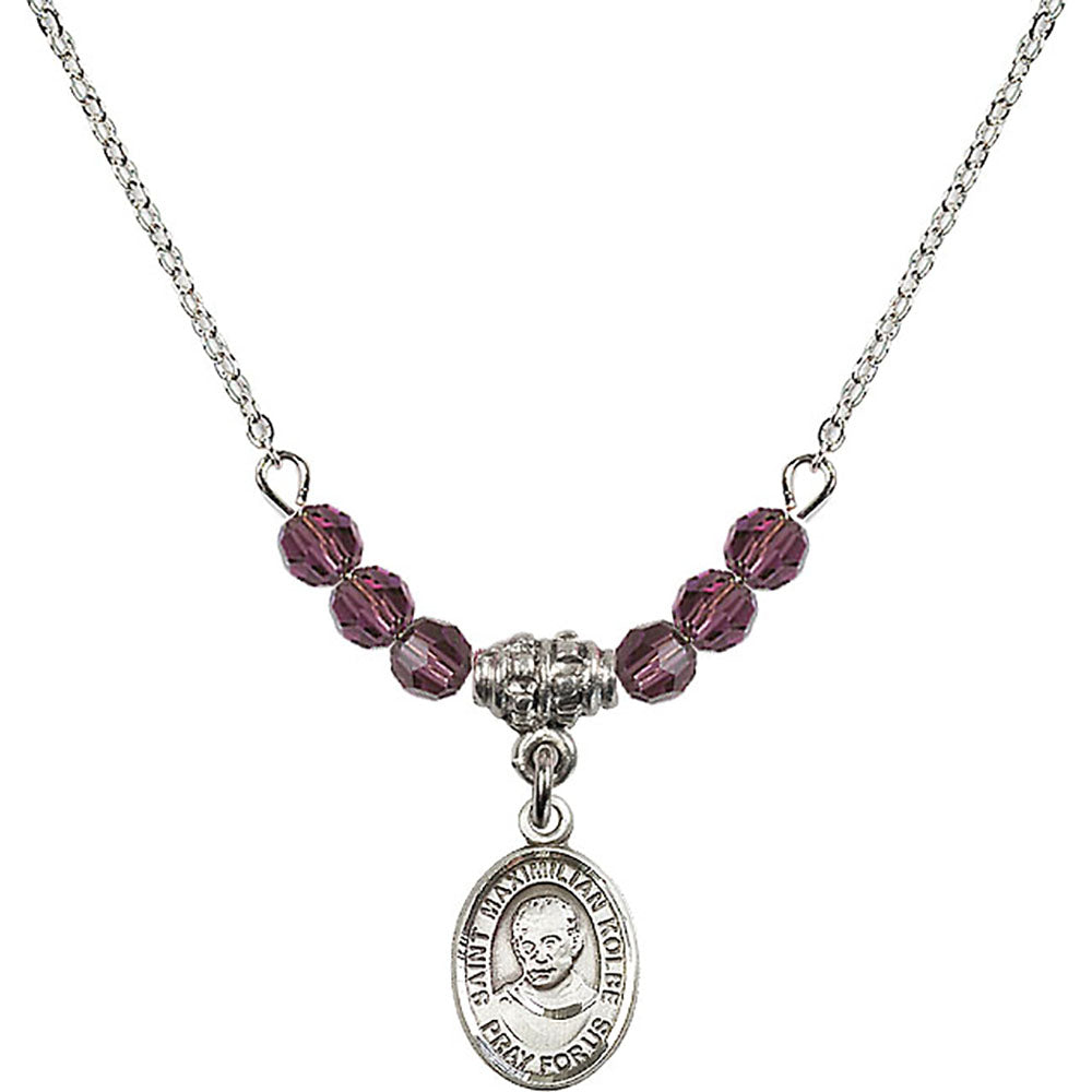 Sterling Silver Saint Maximilian Kolbe Birthstone Necklace with Amethyst Beads - 9073