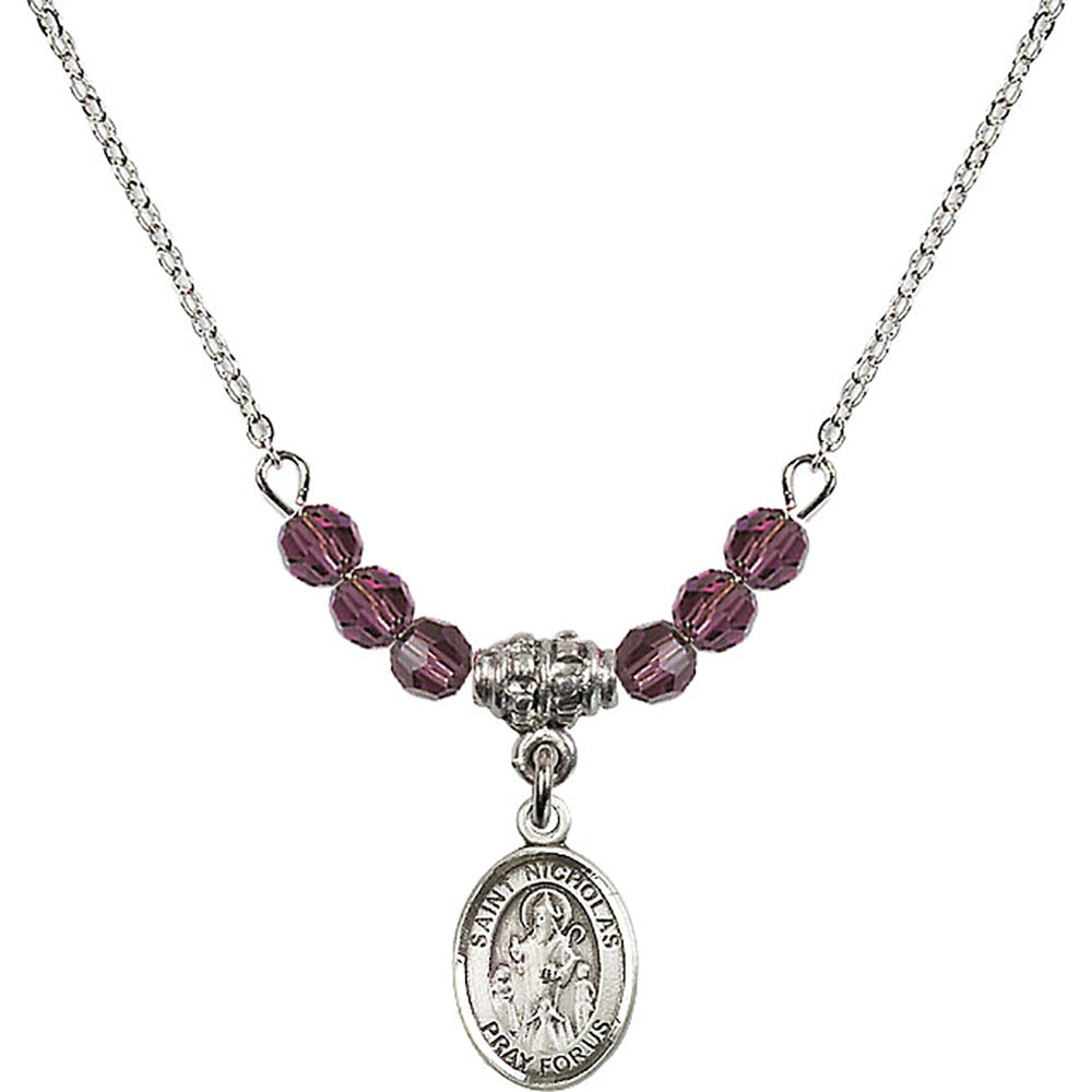 Sterling Silver Saint Nicholas Birthstone Necklace with Amethyst Beads - 9080