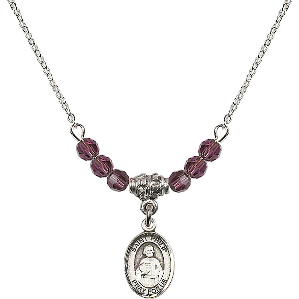 Sterling Silver Saint Philip the Apostle Birthstone Necklace with Amethyst Beads - 9083
