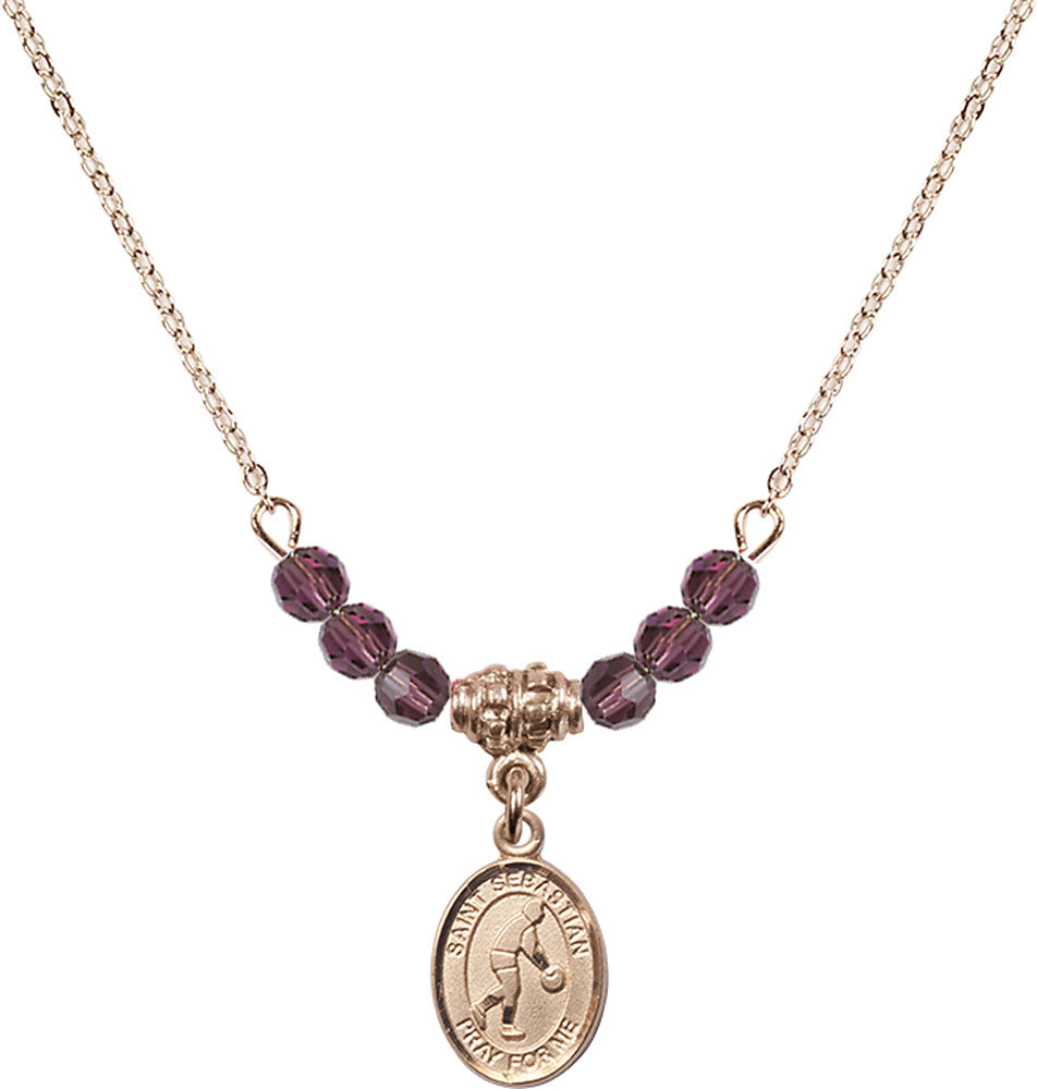 14kt Gold Filled Saint Sebastian/Basketball Birthstone Necklace with Amethyst Beads - 9163