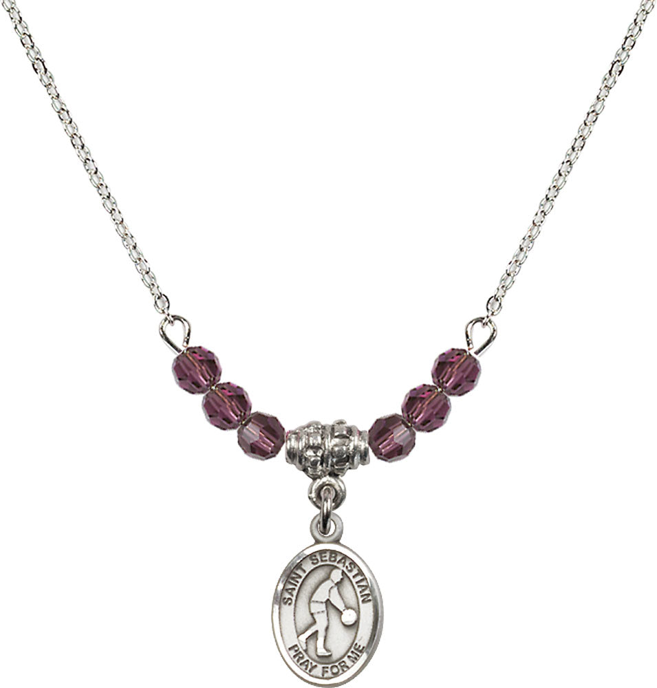 Sterling Silver Saint Sebastian/Basketball Birthstone Necklace with Amethyst Beads - 9163