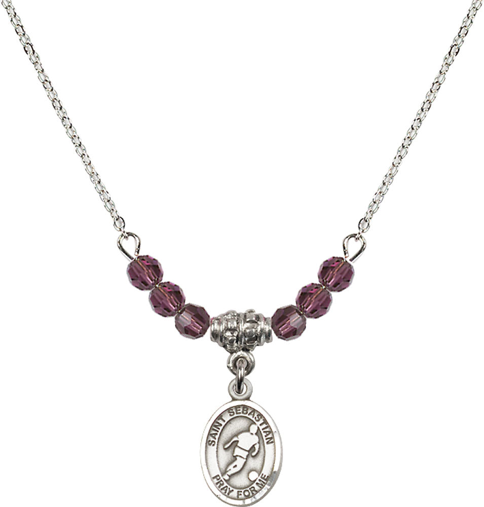 Sterling Silver Saint Sebastian/Soccer Birthstone Necklace with Amethyst Beads - 9164