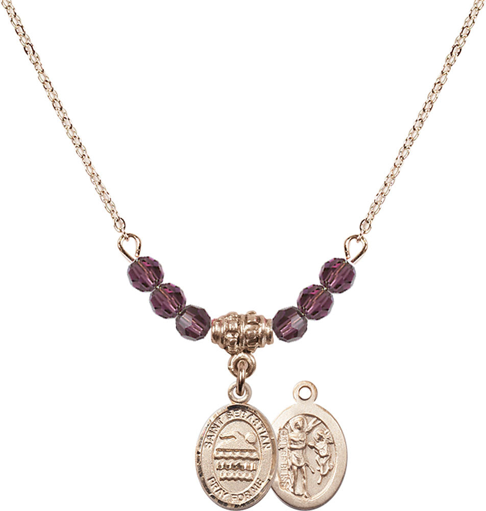 14kt Gold Filled Saint Sebastian/Swimming Birthstone Necklace with Amethyst Beads - 9167