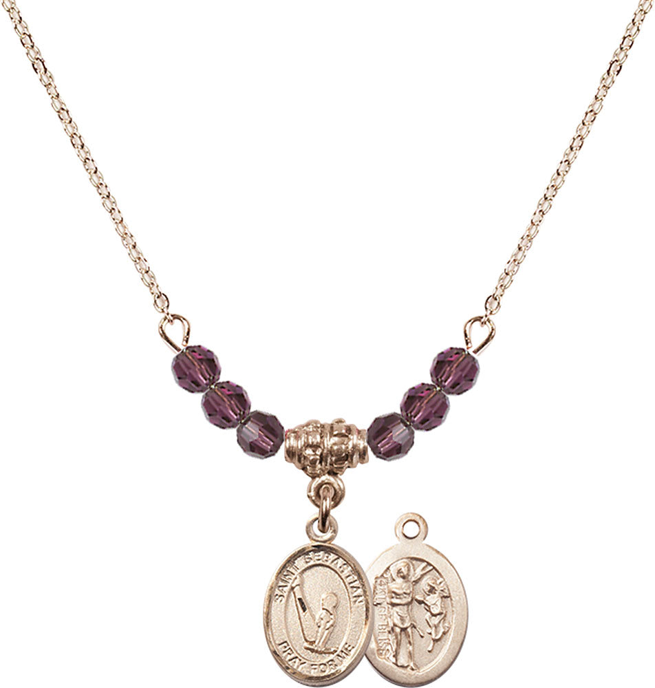 14kt Gold Filled Saint Sebastian/Gymnastics Birthstone Necklace with Amethyst Beads - 9172