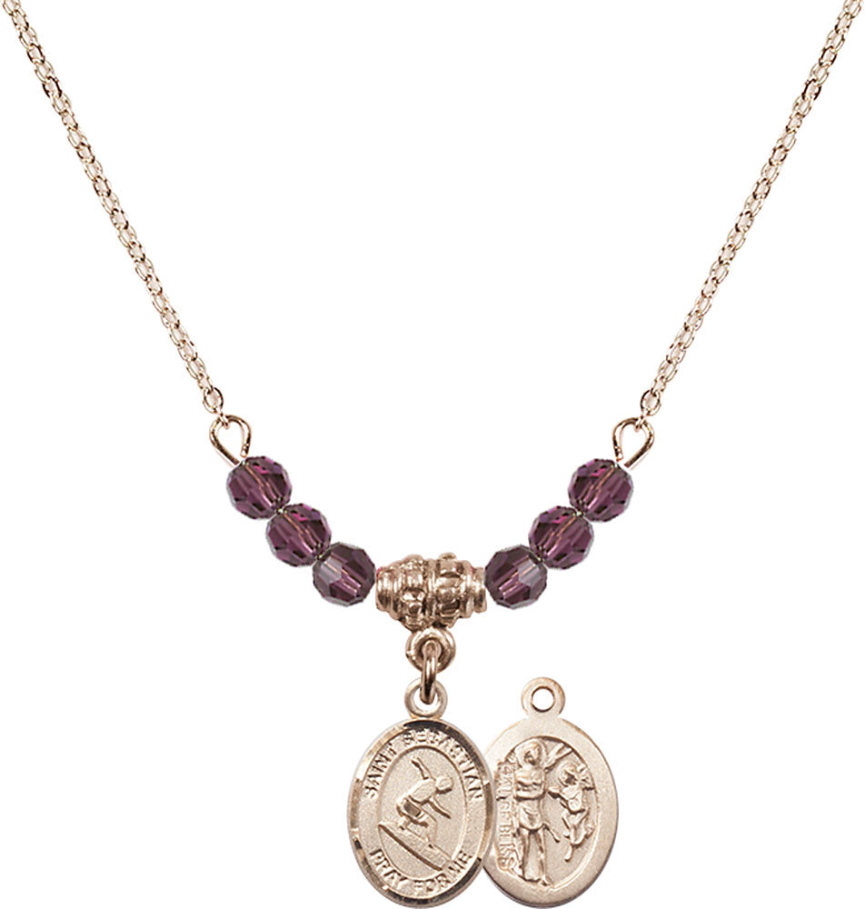 14kt Gold Filled Saint Sebastian/Surfing Birthstone Necklace with Amethyst Beads - 9175