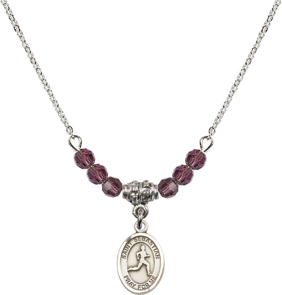 Sterling Silver Saint Sebastian/Track & Field Birthstone Necklace with Amethyst Beads - 9176