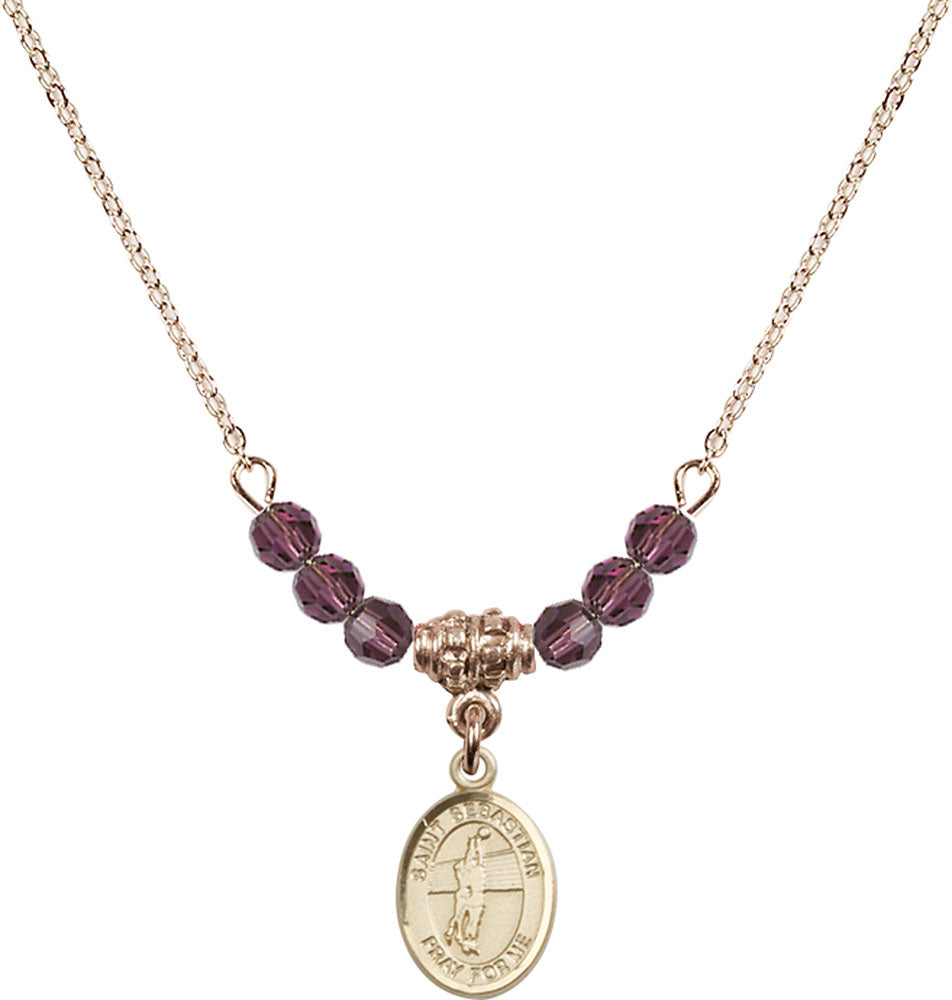 14kt Gold Filled Saint Sebastian / Volleyball Birthstone Necklace with Amethyst Beads - 9186