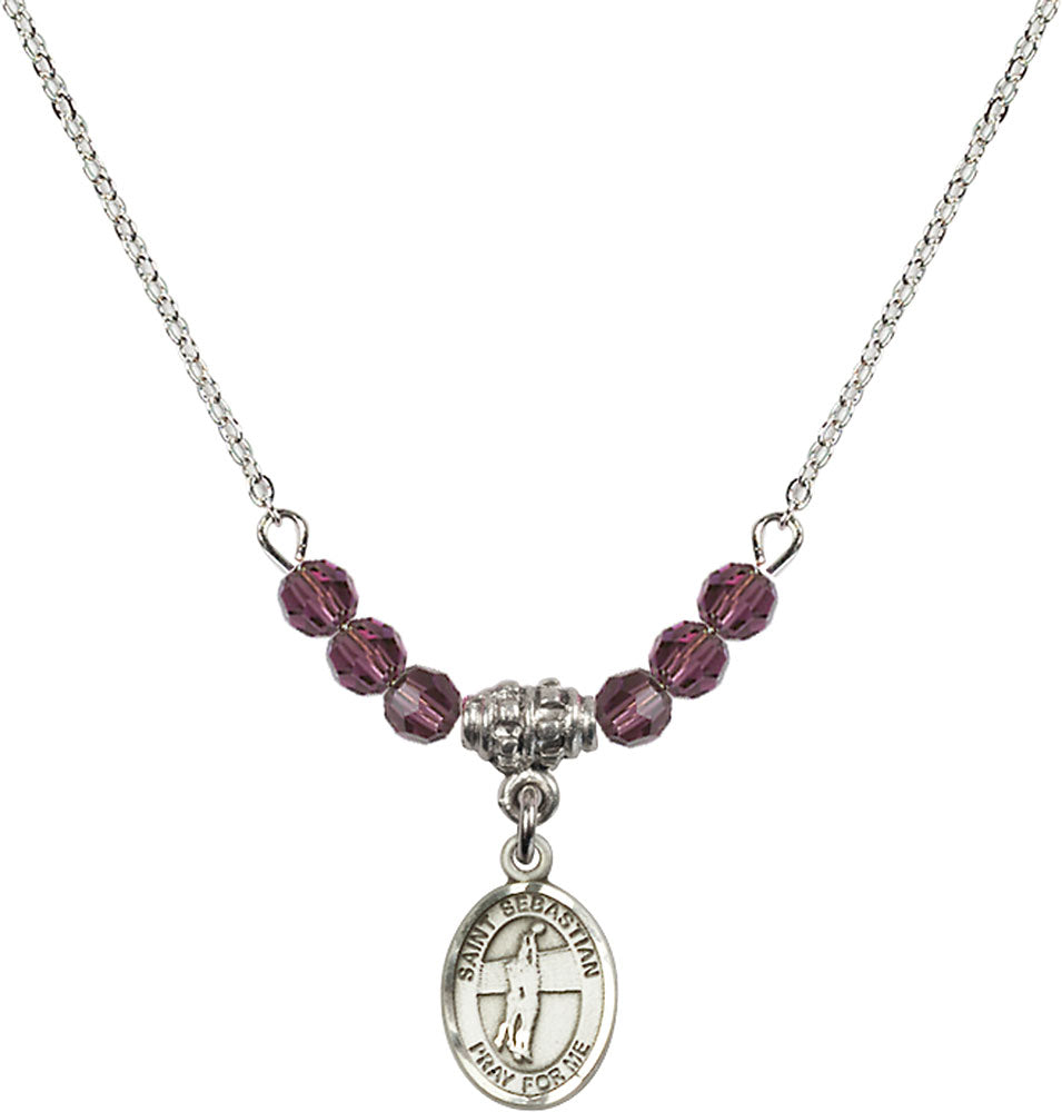 Sterling Silver Saint Sebastian / Volleyball Birthstone Necklace with Amethyst Beads - 9186