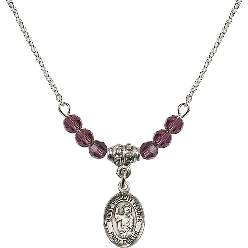 Sterling Silver Saint Vincent Ferrer Birthstone Necklace with Amethyst Beads - 9201