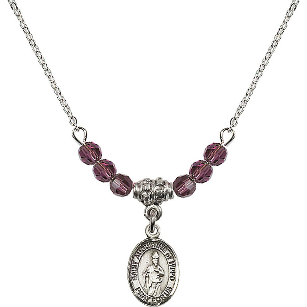 Sterling Silver Saint Augustine of Hippo Birthstone Necklace with Amethyst Beads - 9202
