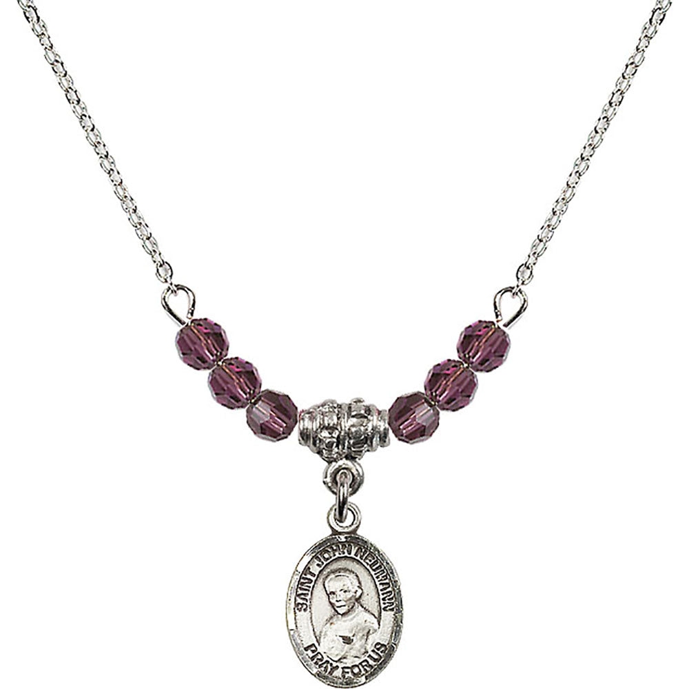 Sterling Silver Saint John Neumann Birthstone Necklace with Amethyst Beads - 9204