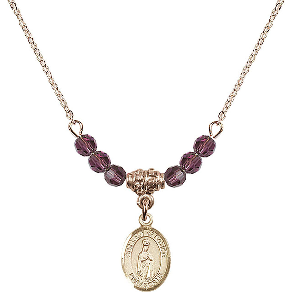 14kt Gold Filled Our Lady of Fatima Birthstone Necklace with Amethyst Beads - 9205