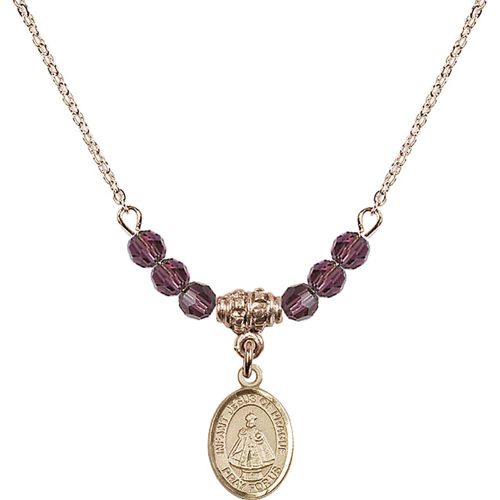 14kt Gold Filled Infant of Prague Birthstone Necklace with Amethyst Beads - 9207