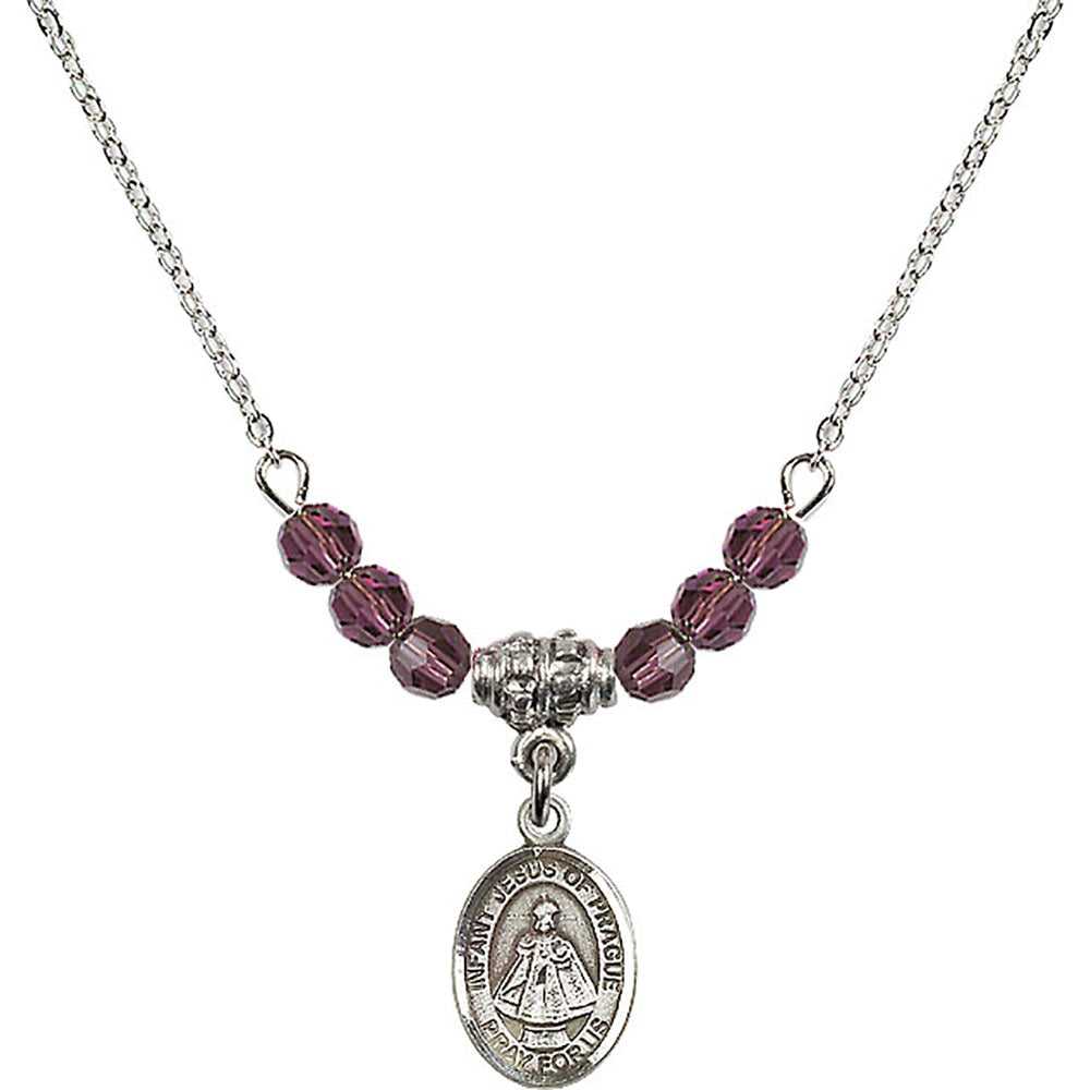 Sterling Silver Infant of Prague Birthstone Necklace with Amethyst Beads - 9207