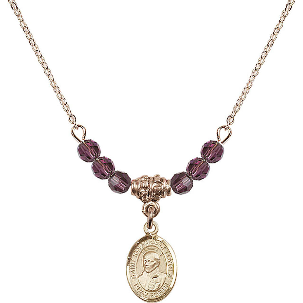 14kt Gold Filled Saint Ignatius of Loyola Birthstone Necklace with Amethyst Beads - 9217