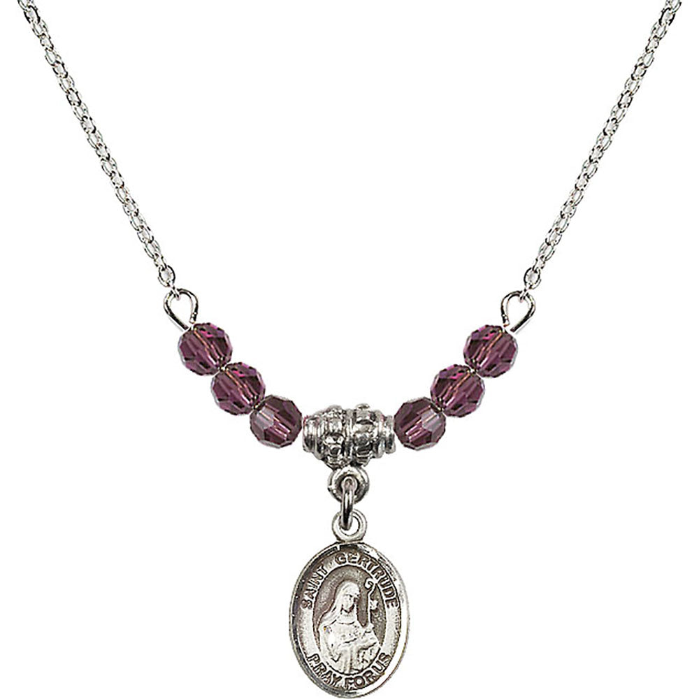 Sterling Silver Saint Gertrude of Nivelles Birthstone Necklace with Amethyst Beads - 9219