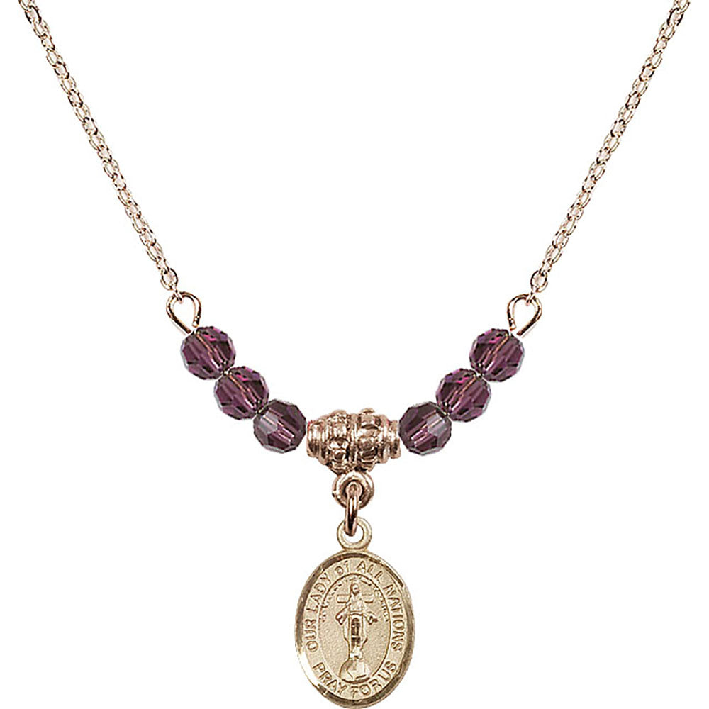 14kt Gold Filled Our Lady of All Nations Birthstone Necklace with Amethyst Beads - 9242