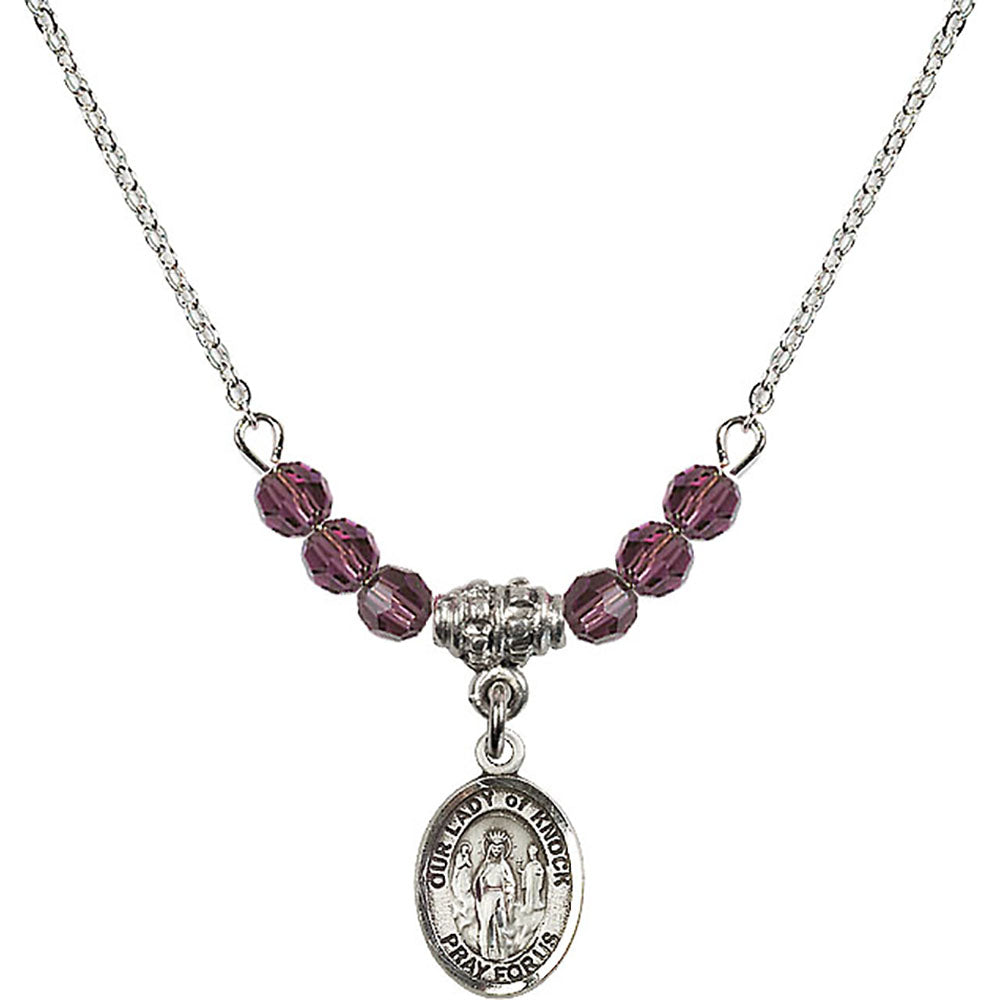 Sterling Silver Our Lady of Knock Birthstone Necklace with Amethyst Beads - 9246
