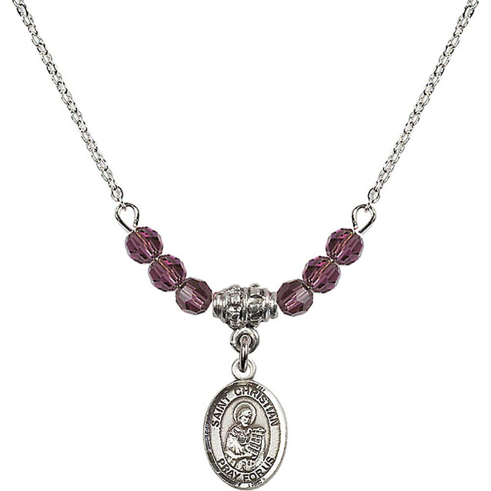 Sterling Silver Saint Christian Demosthenes Birthstone Necklace with Amethyst Beads - 9257