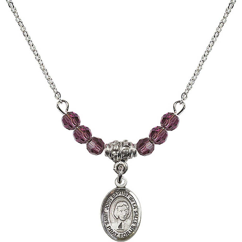 Sterling Silver Saint John Baptist de la Salle Birthstone Necklace with Amethyst Beads - 9262