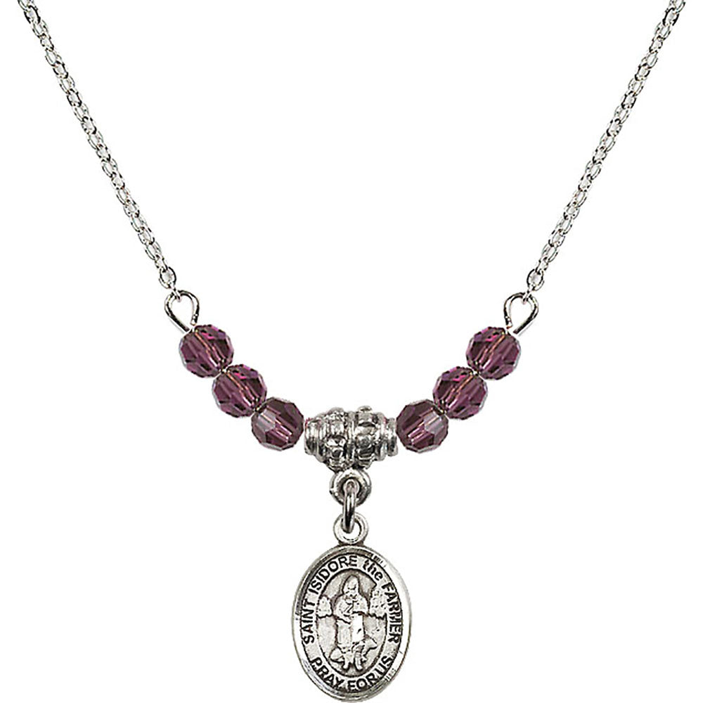 Sterling Silver Saint Isidore the Farmer Birthstone Necklace with Amethyst Beads - 9276