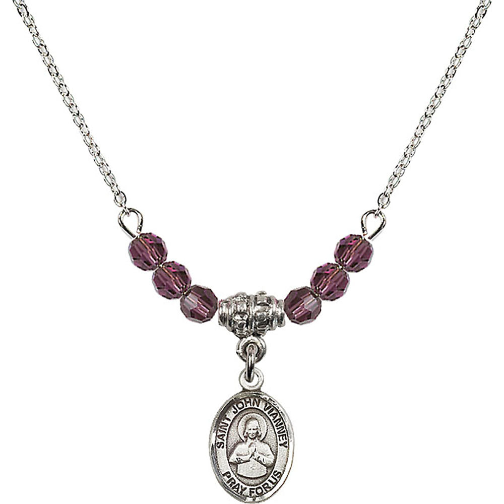 Sterling Silver Saint John Vianney Birthstone Necklace with Amethyst Beads - 9282