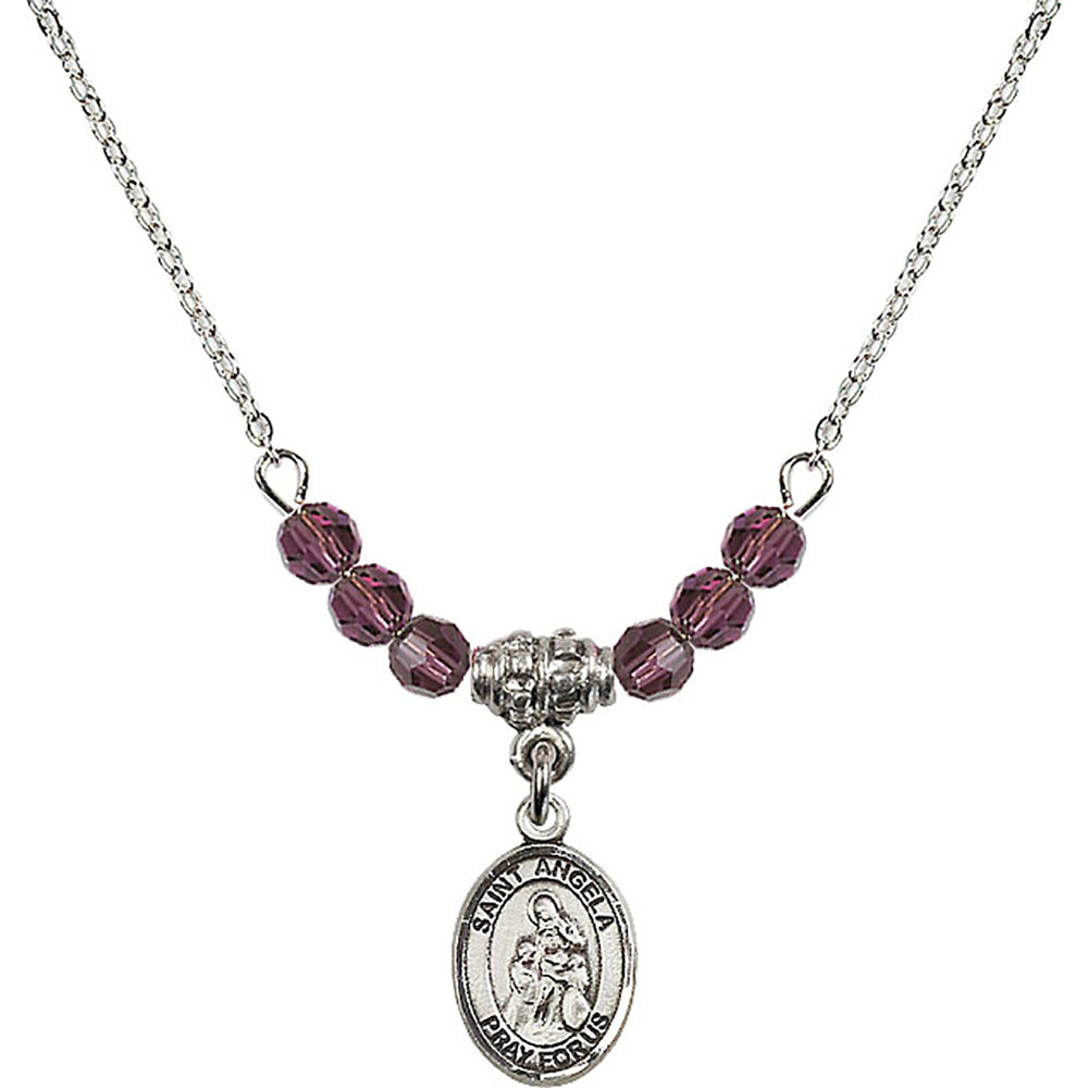 Sterling Silver Saint Angela Merici Birthstone Necklace with Amethyst Beads - 9284