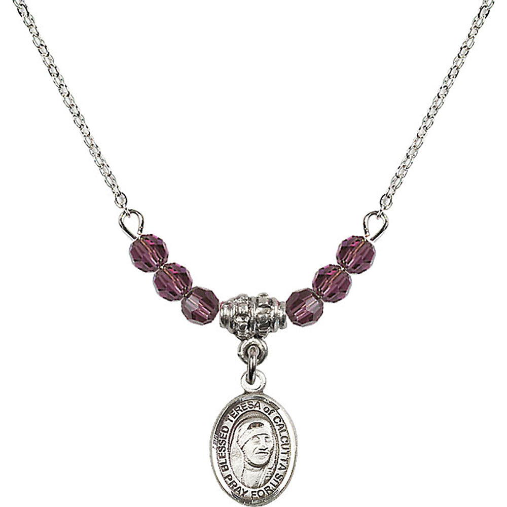 Sterling Silver Saint Teresa of Calcutta Birthstone Necklace with Amethyst Beads - 9295