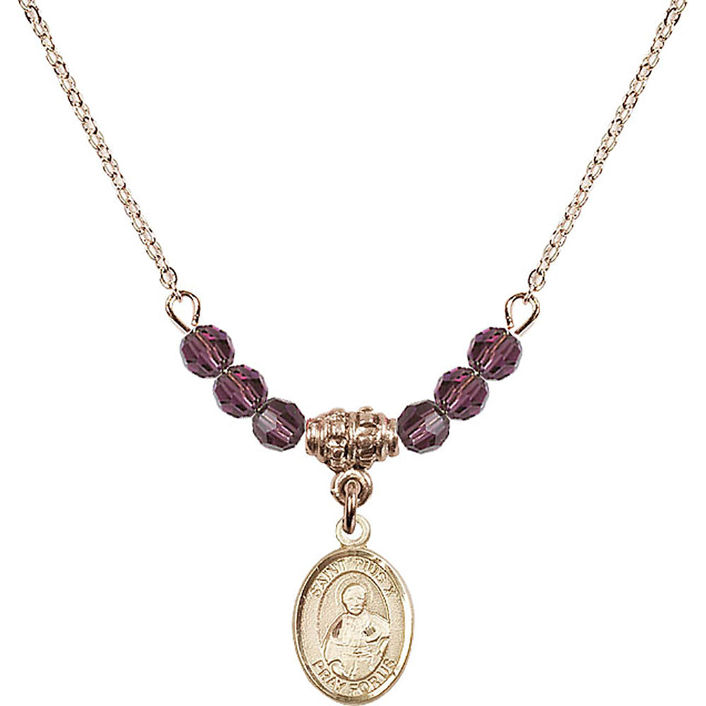 14kt Gold Filled Saint Pius X Birthstone Necklace with Amethyst Beads - 9305