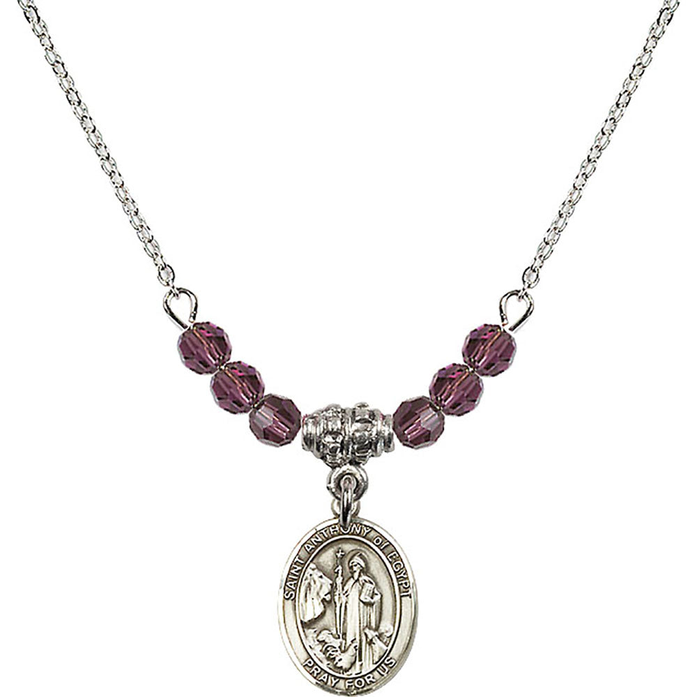 Sterling Silver Saint Anthony of Egypt Birthstone Necklace with Amethyst Beads - 9317
