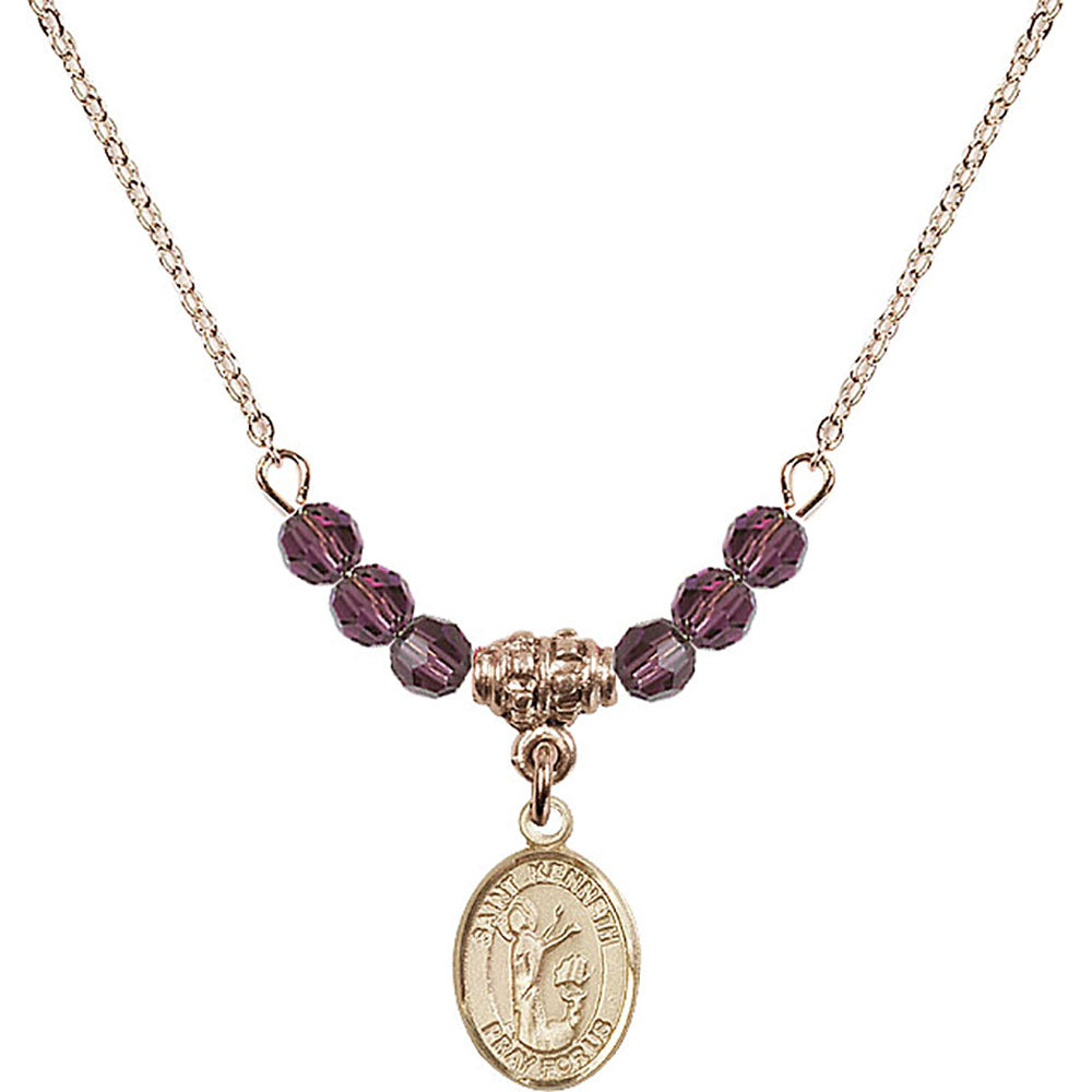 14kt Gold Filled Saint Kenneth Birthstone Necklace with Amethyst Beads - 9332