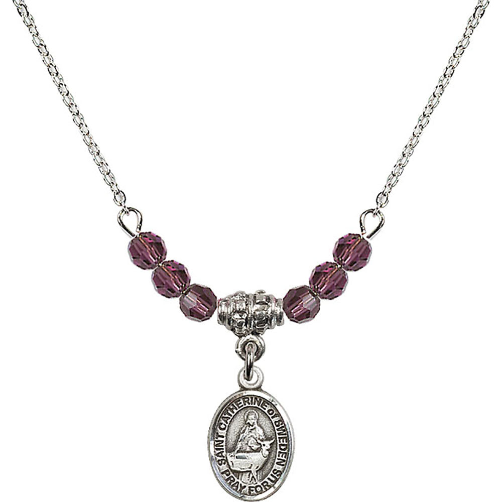 Sterling Silver Saint Catherine of Sweden Birthstone Necklace with Amethyst Beads - 9336