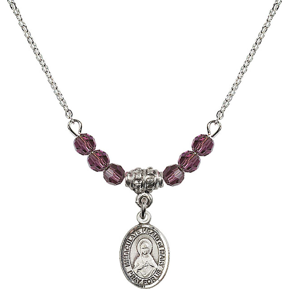 Sterling Silver Immaculate Heart of Mary Birthstone Necklace with Amethyst Beads - 9337