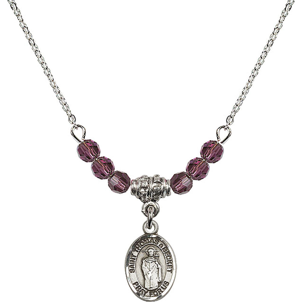 Sterling Silver Saint Thomas A Becket Birthstone Necklace with Amethyst Beads - 9344