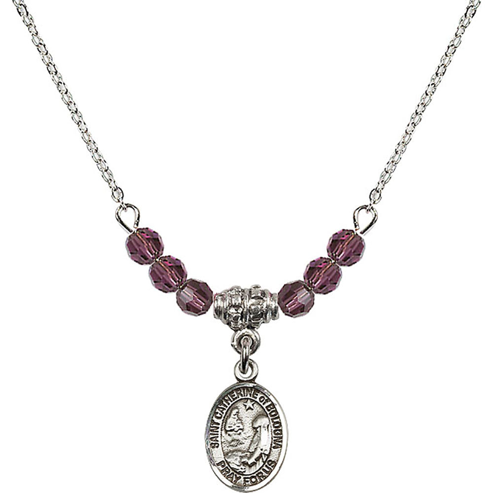 Sterling Silver Saint Catherine of Bologna Birthstone Necklace with Amethyst Beads - 9354