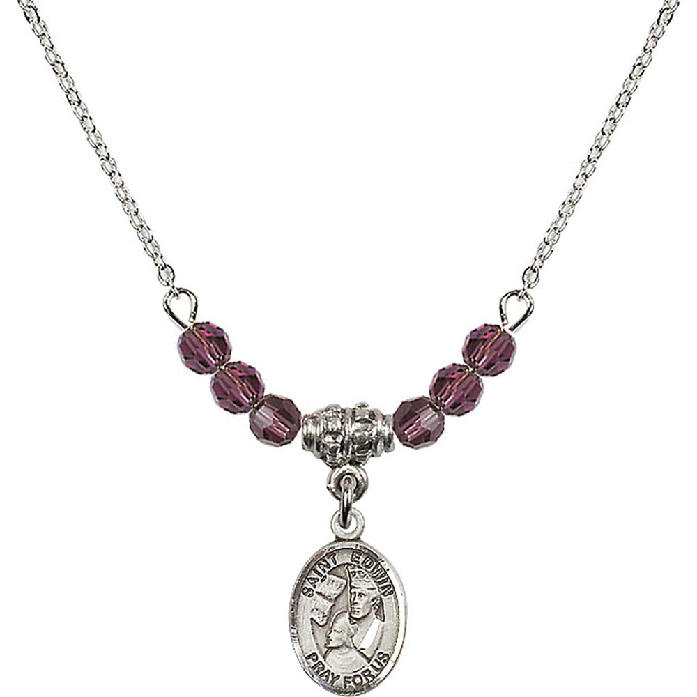 Sterling Silver Saint Edwin Birthstone Necklace with Amethyst Beads - 9361