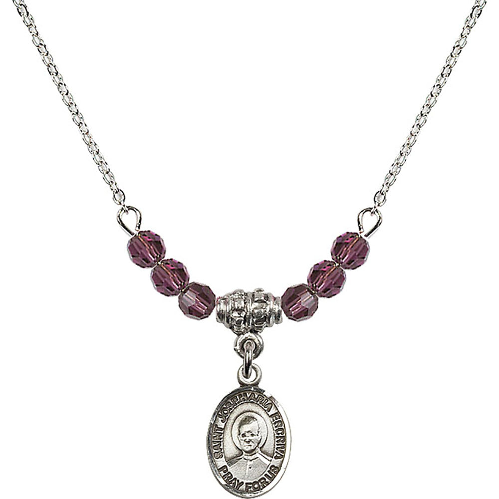 Sterling Silver Saint Josemaria Escriva Birthstone Necklace with Amethyst Beads - 9362