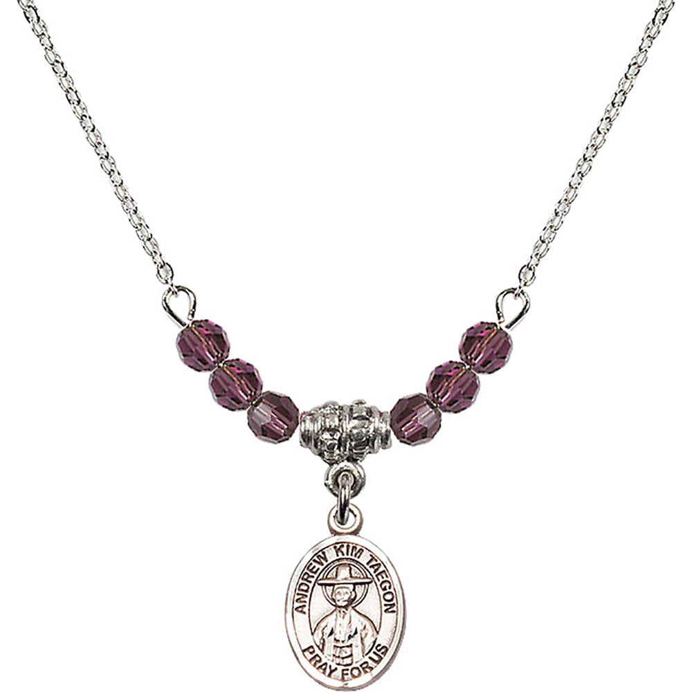 Sterling Silver Saint Andrew Kim Taegon Birthstone Necklace with Amethyst Beads - 9373