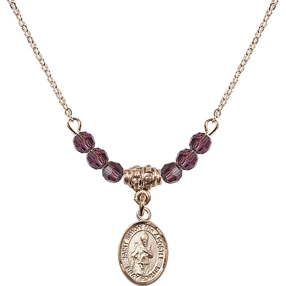14kt Gold Filled Saint Simon the Apostle Birthstone Necklace with Amethyst Beads - 9375