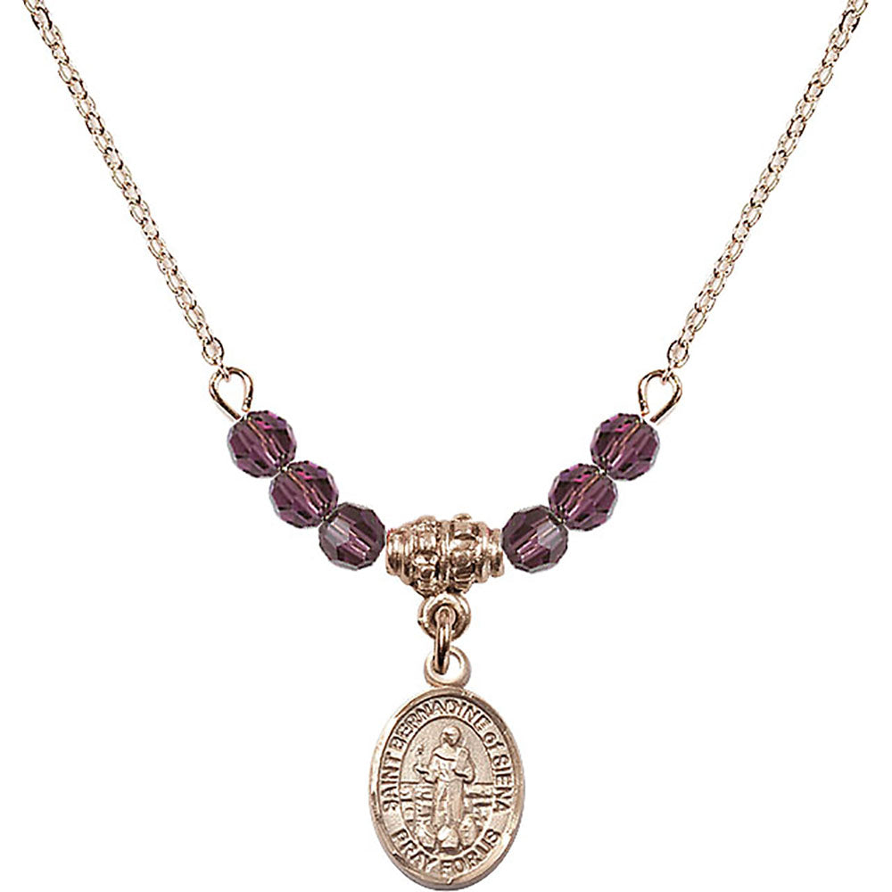 14kt Gold Filled Saint Bernadine of Sienna Birthstone Necklace with Amethyst Beads - 9387