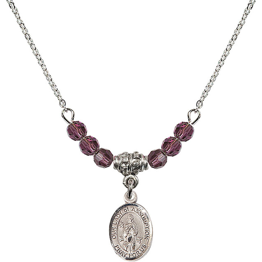 Sterling Silver Our Lady of Assumption Birthstone Necklace with Amethyst Beads - 9388