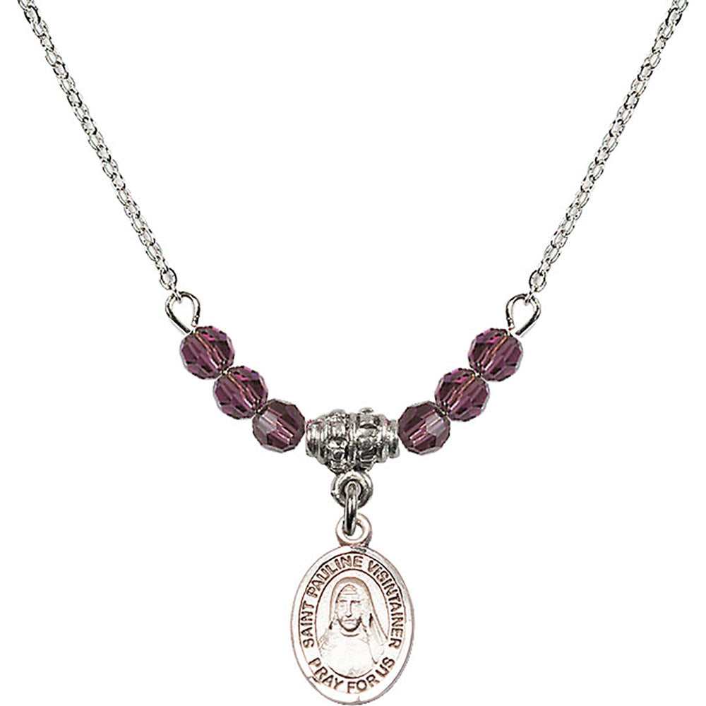 Sterling Silver Saint Pauline Visintainer Birthstone Necklace with Amethyst Beads - 9391